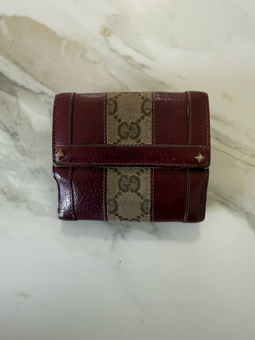 Gucci Burgundy and Tan GG Canvas Fold Wallet